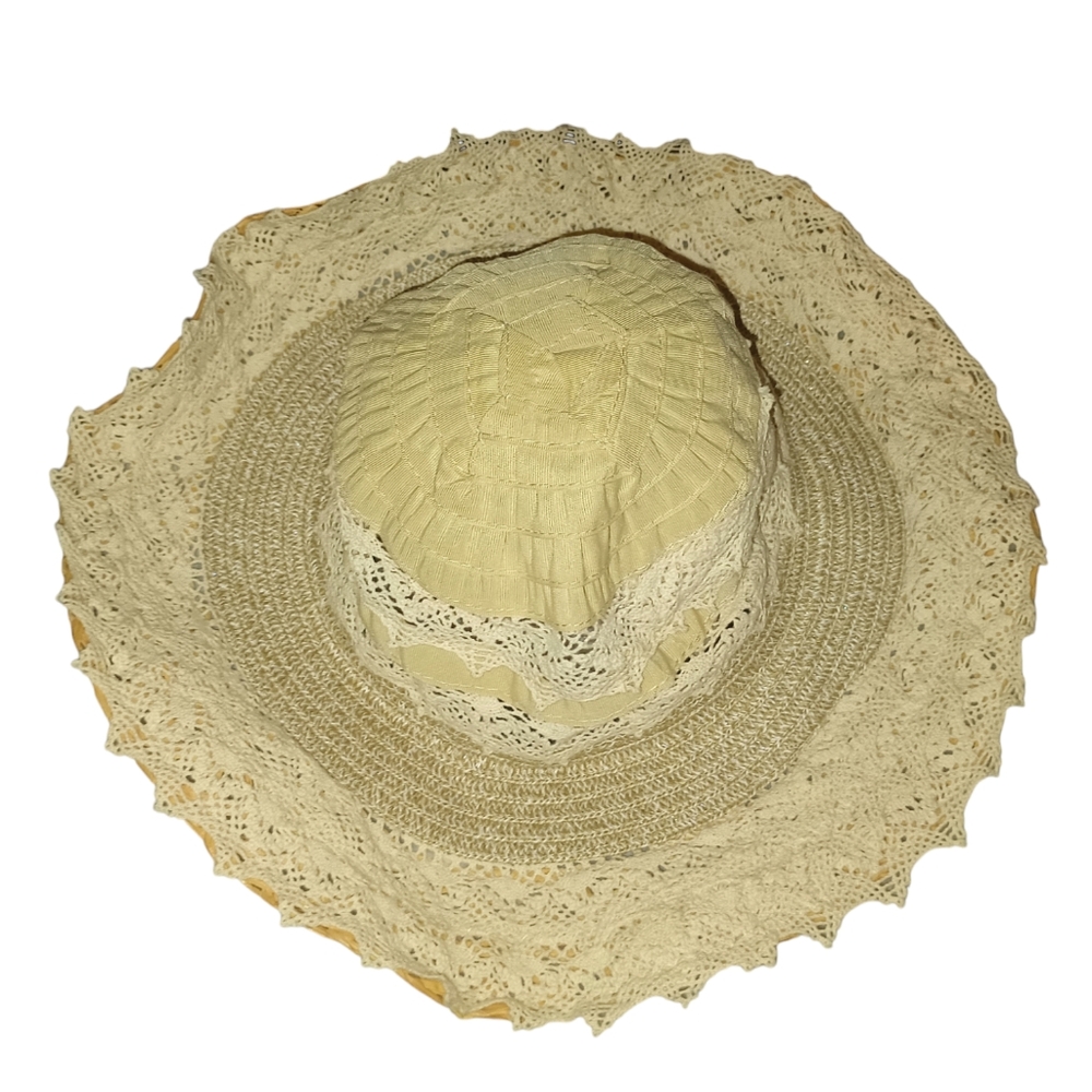 Hopeless Romantic Beige Woven Straw Crochet Lace Trim Victorian Style Sun Hat
